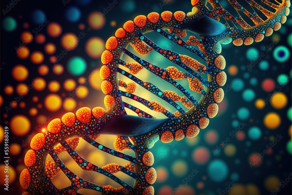 Poster a 3d image of a double strand of colorful strands of dnas against a blue background with bubbles and