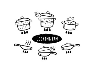 Cooking pan and pot vector line icons doodles. Kitchen utensil hand drawn illustration drawings