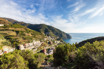 Hiking path near touristic town, Riomaggiore, Italy. Cinque Terre National Park