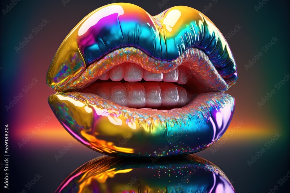Poster a shiny rainbow colored mouth with a reflection on the surface of the image and a black background w