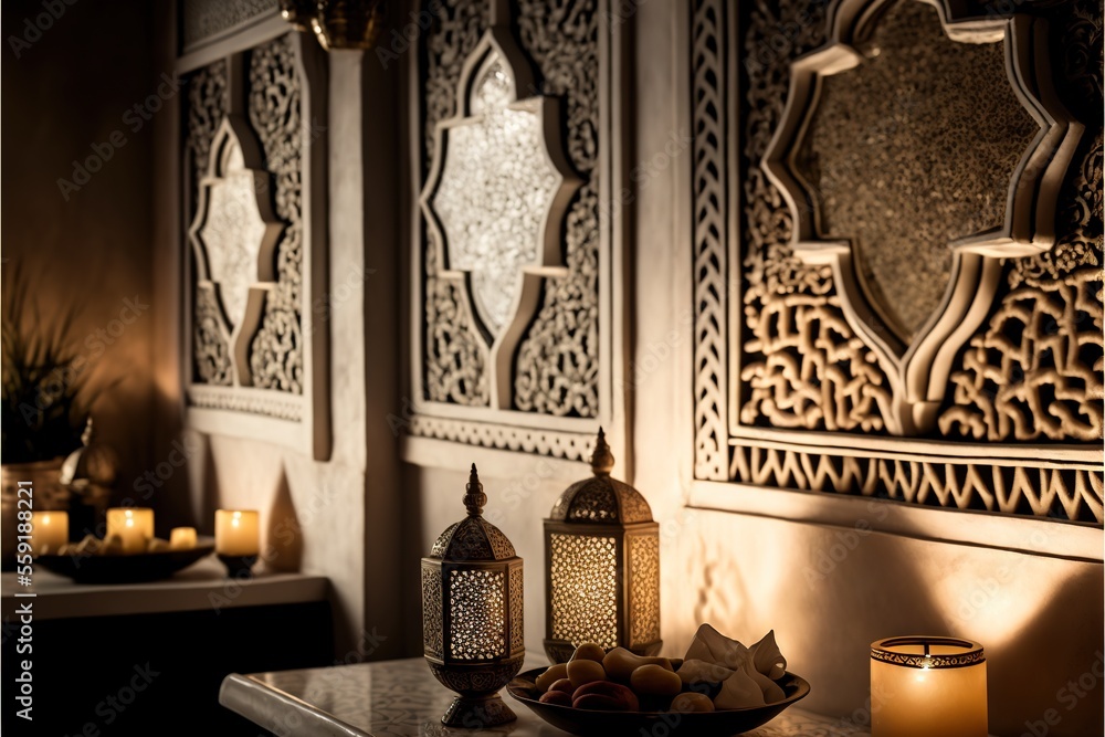 Poster a table with a plate of food and a candle on it in a room with a wall decorated with intricately des