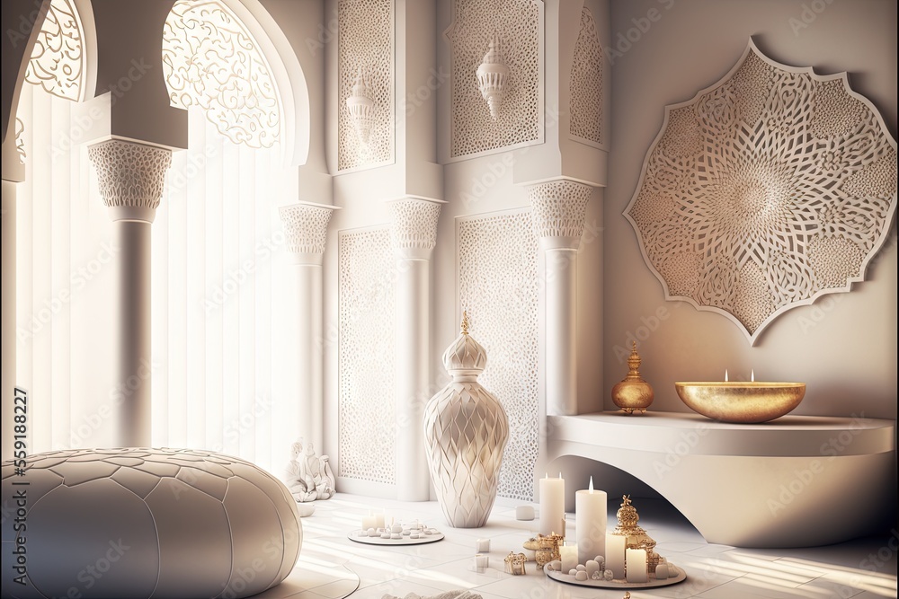 Aufkleber a room with a large mirror and a vase on the wall and candles on the floor in front of it and a larg