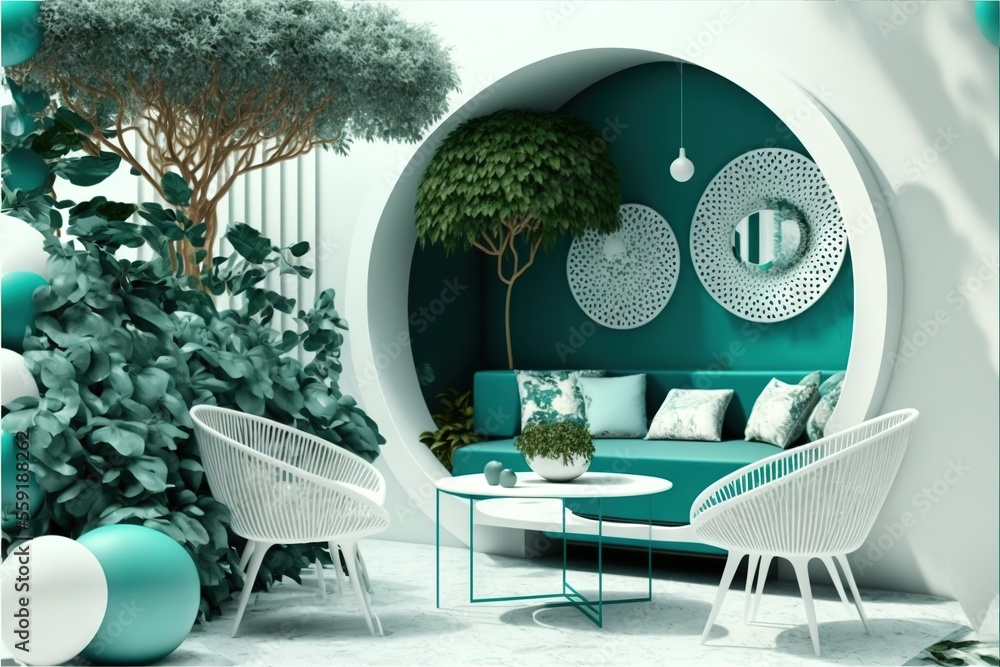 Poster a living room with a couch and chairs and a table with a potted plant in it and a round mirror on th