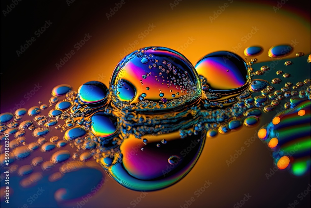 Poster a colorful picture of water bubbles and bubbles on a black background with a yellow border and a blu