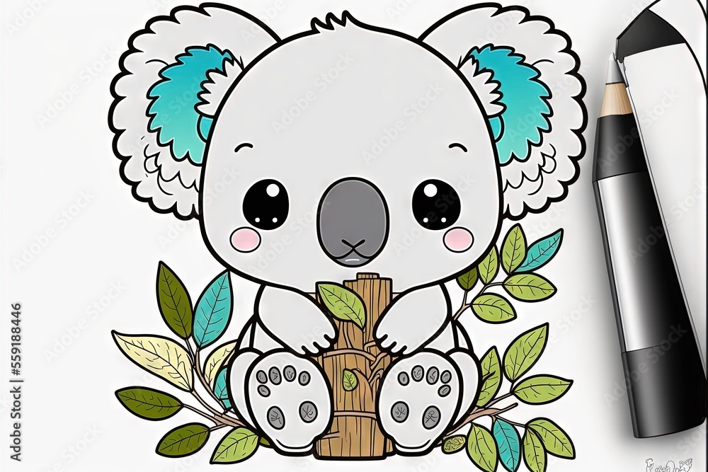 Aufkleber a drawing of a koala bear sitting on a tree branch with leaves and a pencil next to it on a white ba