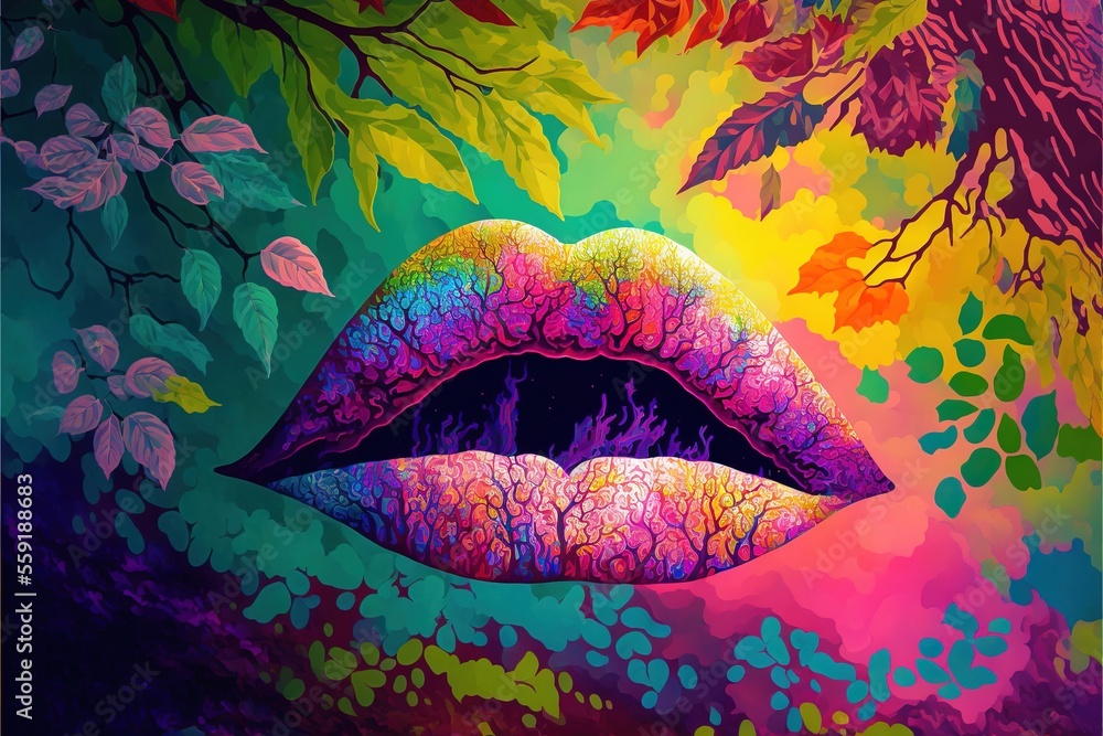Poster a painting of a woman's lips with a colorful background of leaves and branches on the wall and below