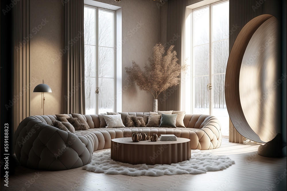 Poster a living room with a large sectional couch and a round coffee table in the middle of the room with a