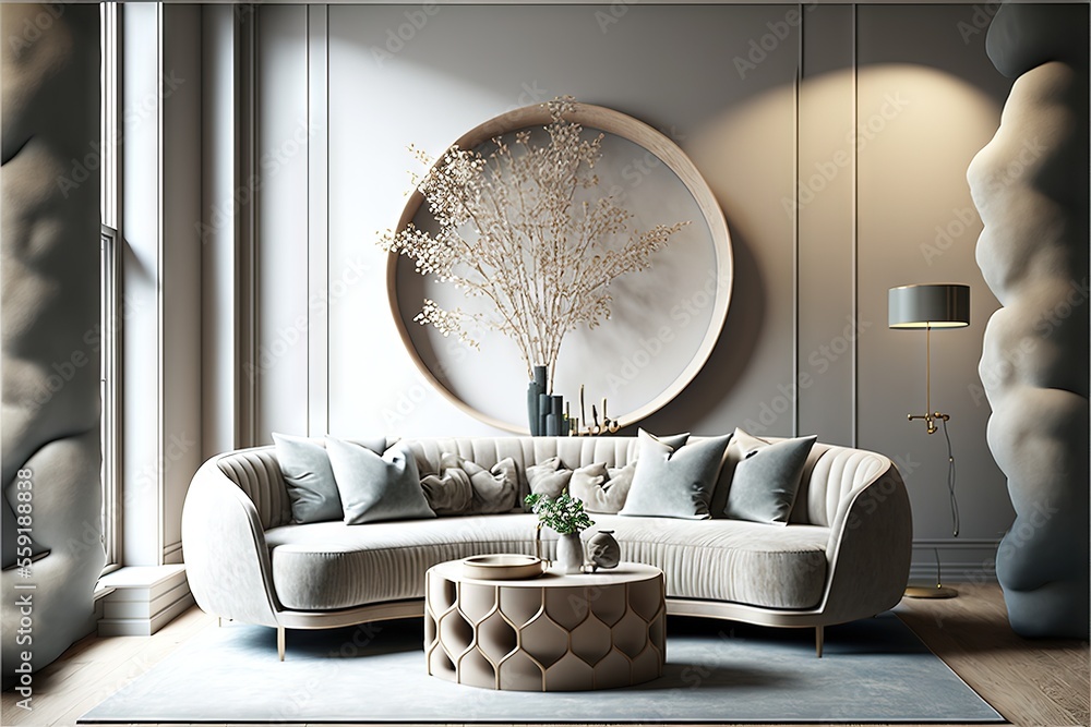 Aufkleber a living room with a couch and a table in it and a round mirror on the wall above it that has a plan