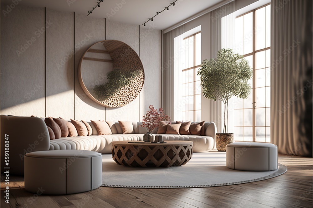 Poster a living room with a round couch and a round coffee table in the middle of the room with a round mir