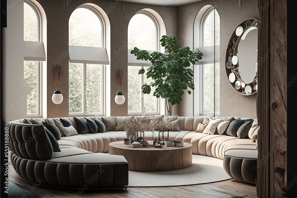 Poster a living room with a large sectional couch and a round coffee table in front of a large window with 