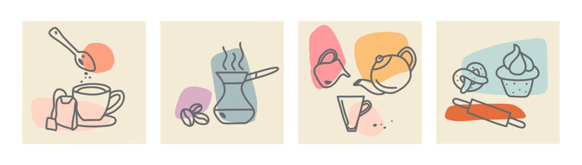 Set of various cups and pots for tee and coffee with colorful spots. Ink painting style. Hand drawn vector illustrations. Minimalistic elegant concept. All elements are isolated.