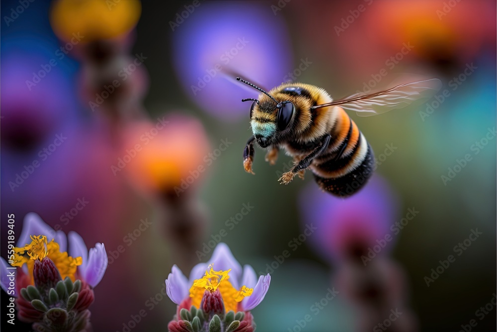 Poster a bee flying over a flower with a blurry background of flowers in the background and a blurry backgr