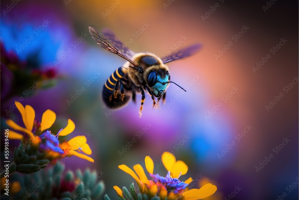 Poster a bee flying over a bunch of flowers with a blurry background of flowers in the background and a blu