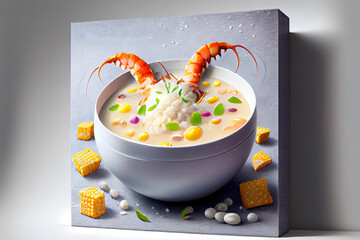 Natural and testy Chowder Crab Soup with shrimps and corn on concrete - obrazy, fototapety, plakaty