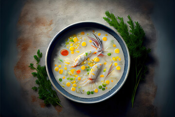 Natural and testy Chowder Crab Soup with shrimps and corn on concrete