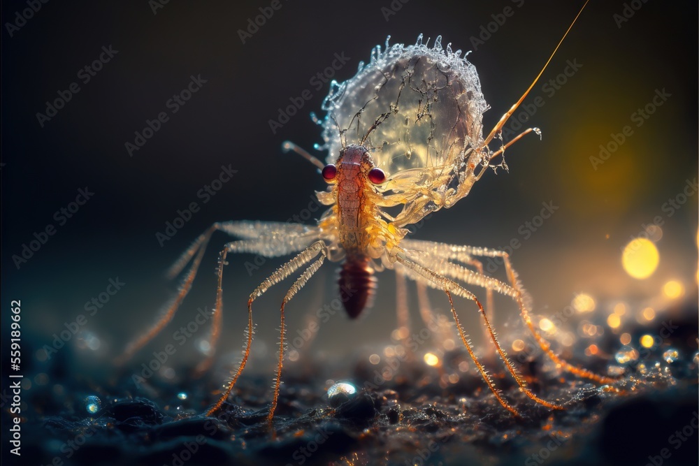 Poster a close up of a spider on a surface with water droplets on it's back legs and legs, with a black bac
