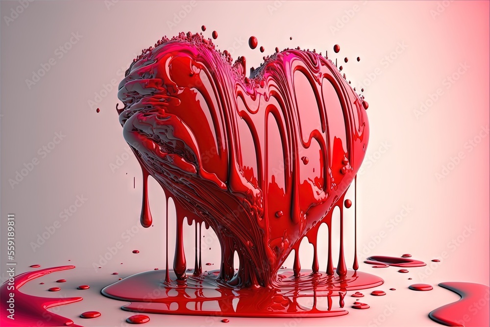 Poster a heart shaped object with red liquid flowing down it's sides and a pink background with red drops o