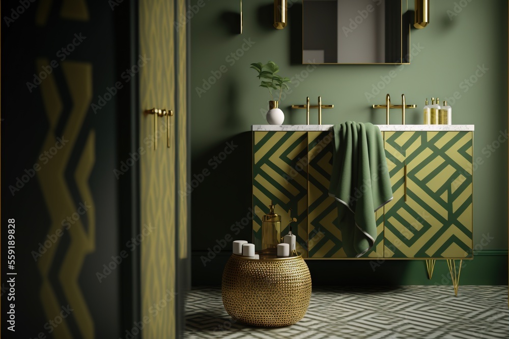 Poster a bathroom with a green wall and a gold cabinet with a mirror above it and a towel on the counter ne