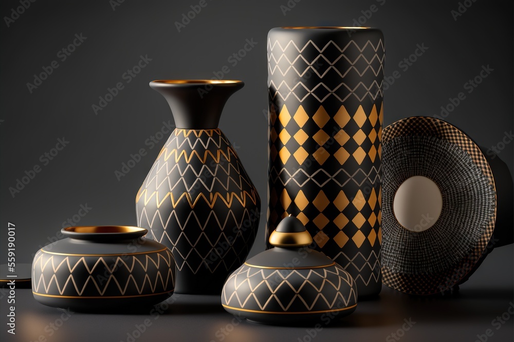 Poster a group of vases and plates sitting on a table together in a dark room with a black background and a