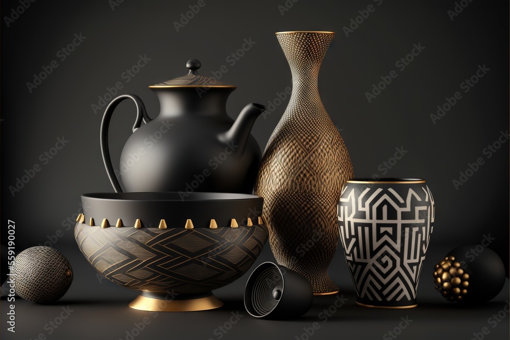 Poster a group of vases and a teapot on a table with a black background and a gold border around the vases 