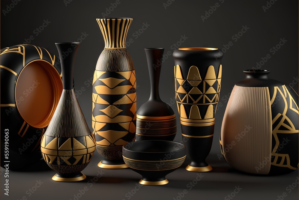 Poster a group of vases sitting next to each other on a table top with a black background behind them and a