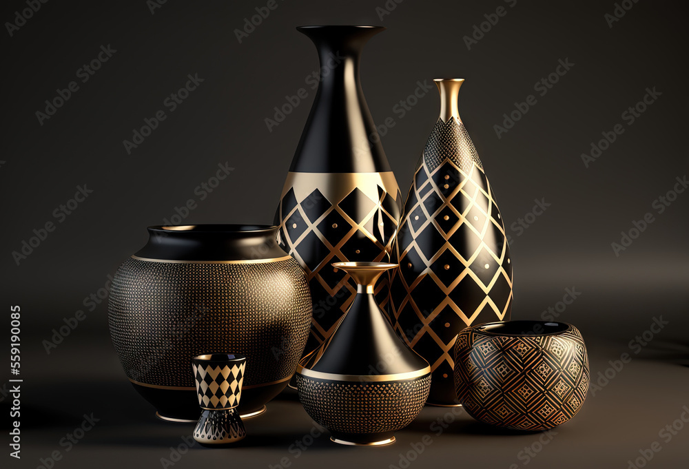 Poster a group of vases sitting next to each other on a table top next to a wall with a black background be
