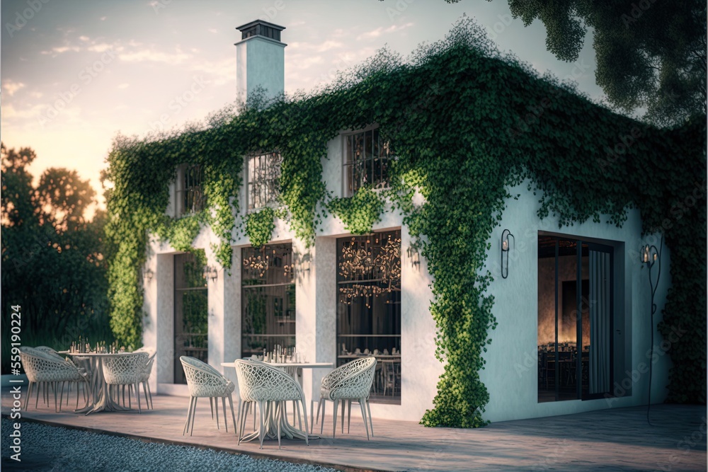 Poster a house with a lot of ivy growing on it's side and a table and chairs outside of it with a light on 