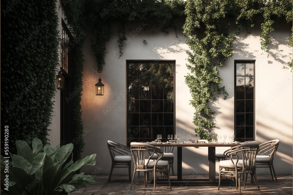 Poster a table and chairs outside of a building with vines growing on the wall and windows on the side of t