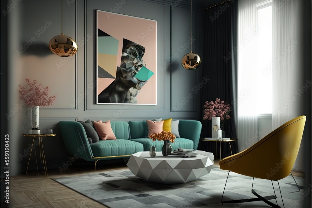 Poster a living room with a couch, chair, table and a painting on the wall above it and a chair and a table