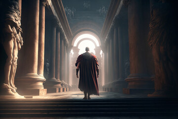 Julius Caesar seen from behind walking in the Roman coliseum