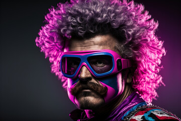 Motocross racer with glasses, huge 70s style curly pink hair, big mustache, blue, pink, purple colors