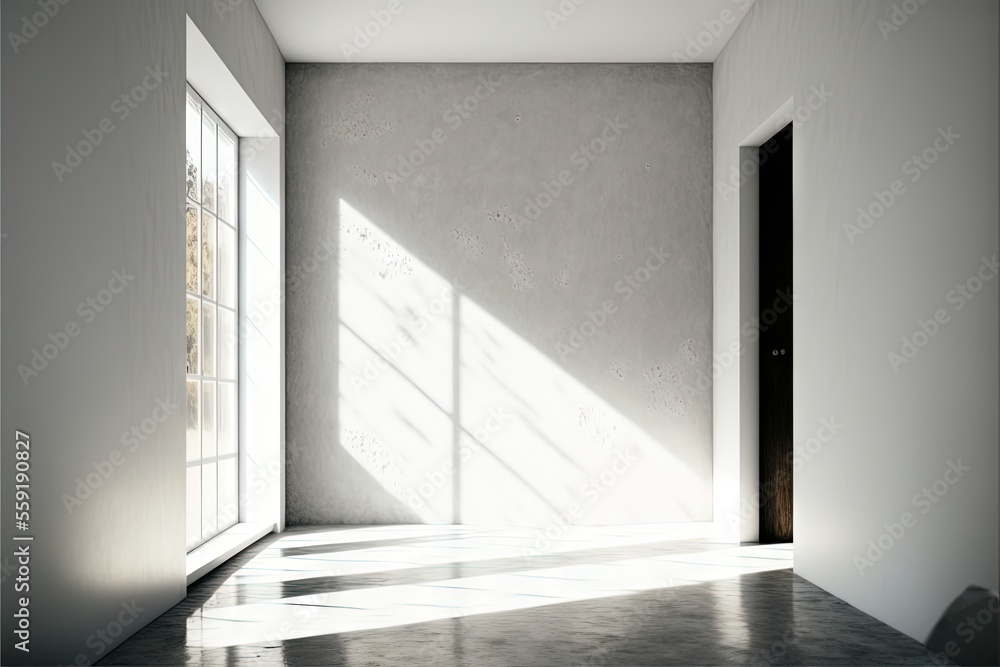 Poster a room with a door and a window with a light coming in it and a light coming in through the window o