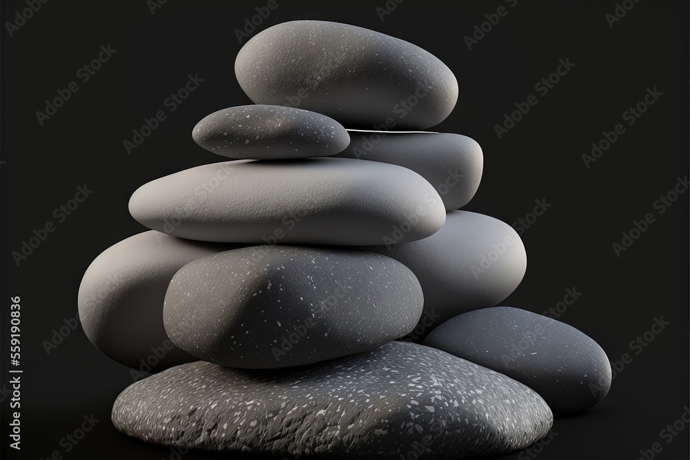 Poster a stack of rocks sitting on top of each other on a black surface with a black background and a white
