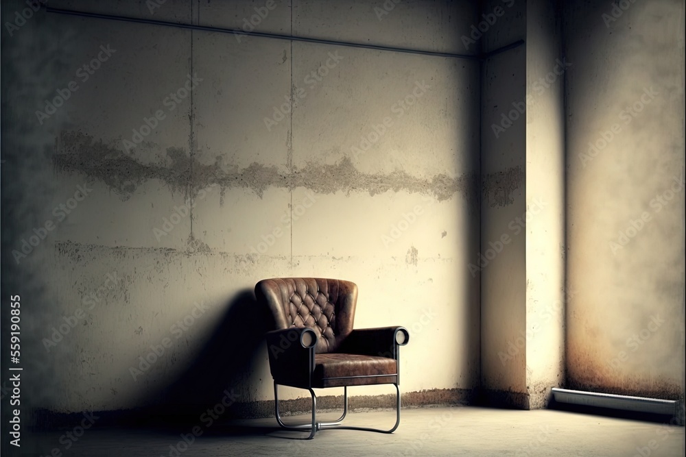 Poster a chair sitting in a corner of a room with a window in it and a light coming through the window onto