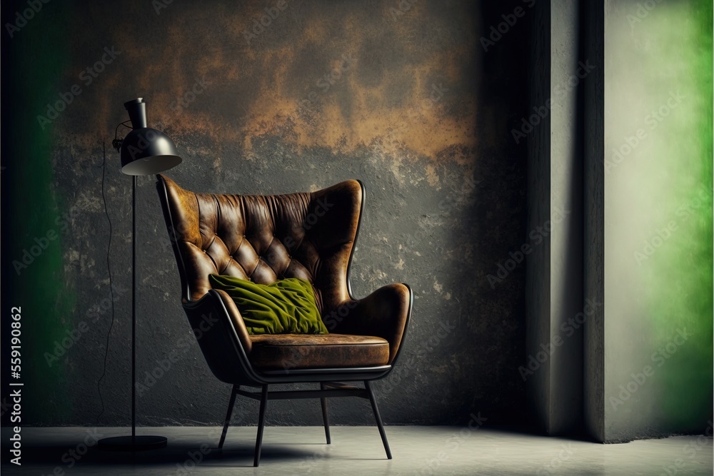 Aufkleber a chair with a green pillow on it in a room with a lamp on the floor and a wall behind it with a gre