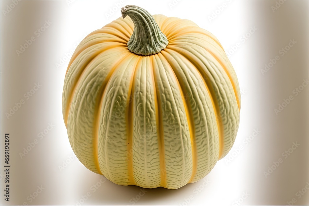 Poster a yellow pumpkin with a green stem on a white background with a shadow of the pumpkin on the bottom 