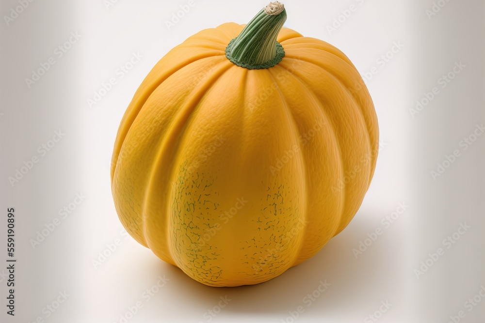 Poster a yellow pumpkin with a green stem on a white background with a shadow effect to the bottom of the i