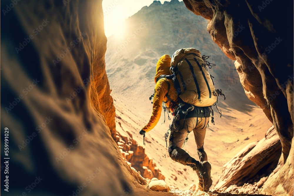 Poster a man with a backpack climbing up a mountain in a cave with a sun shining through the cave door and 
