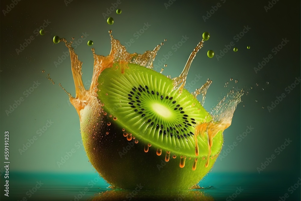 Poster  a kiwi fruit with splashing juice on it's side and a green background with a black border around it and a green background with a blue border and white border with a black border., generative ai