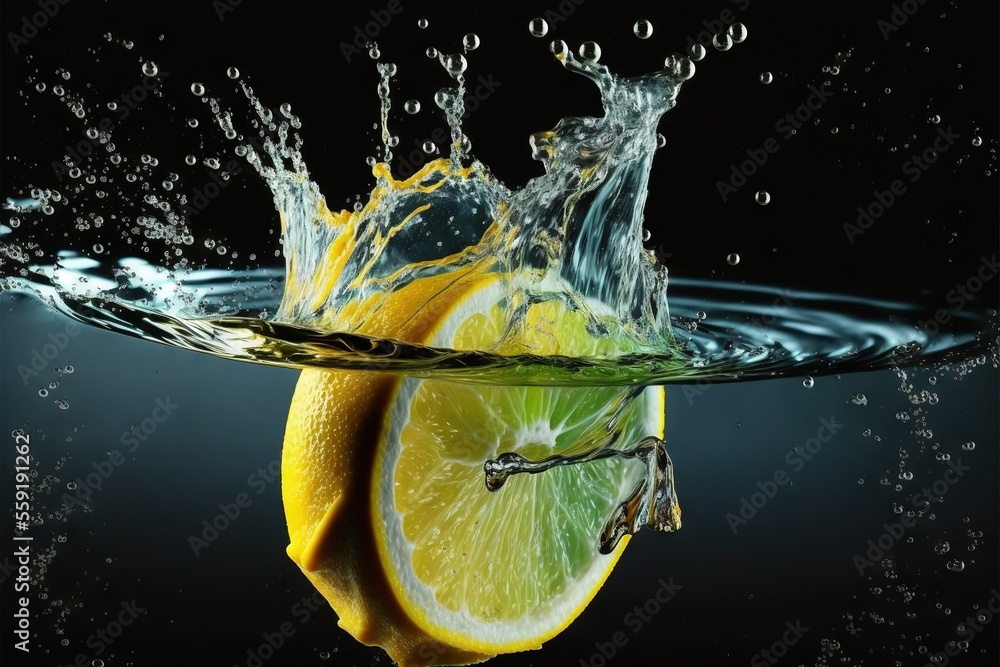 Poster a lemon is splashing into the water with a crown on top of it, and a lemon slice is in the water wit