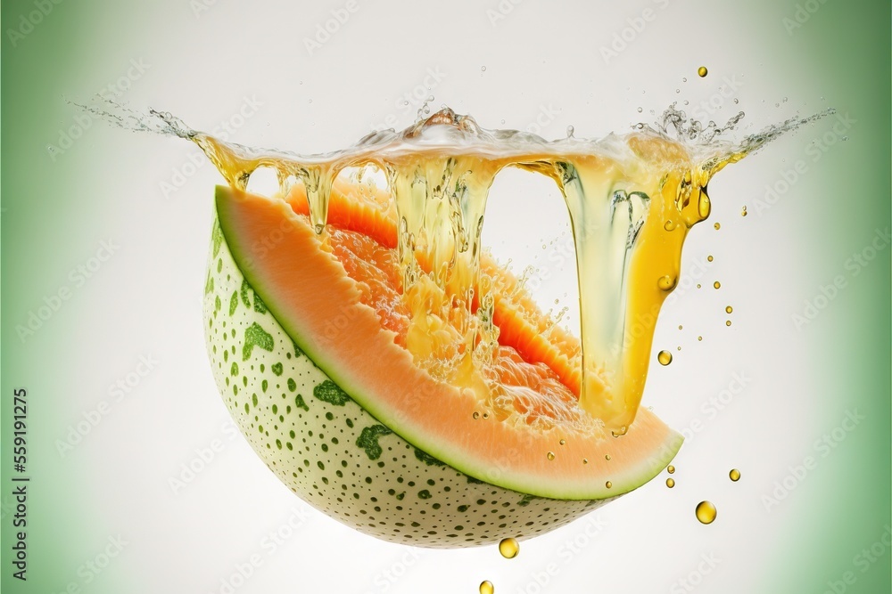 Poster a watermelon slice is being dropped into the water with a splash of water on it's side and a green b