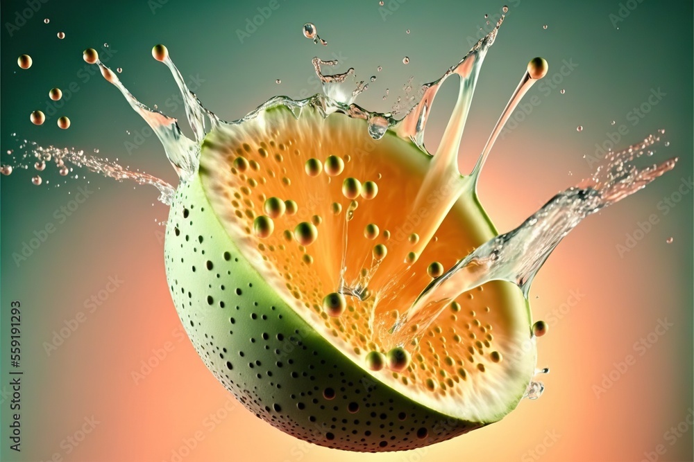 Poster a fruit with water splashing on it and a green background with a pink background and a green backgro