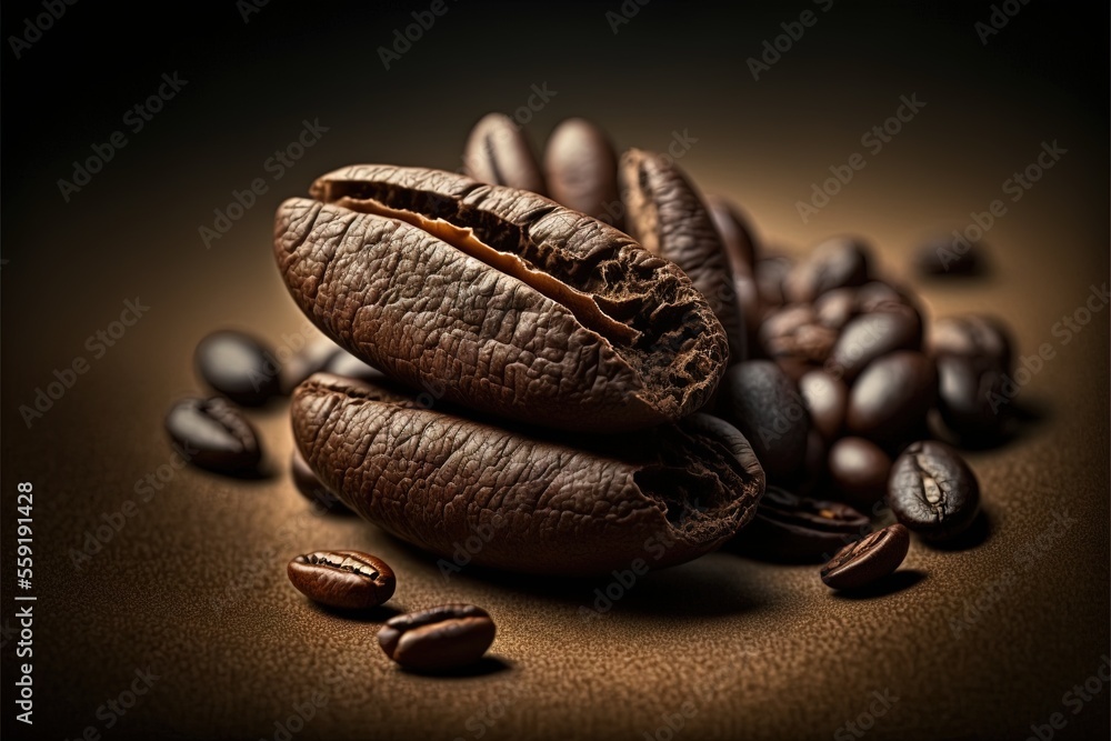 Poster a pile of coffee beans and coffee beans on a table with coffee beans scattered around it on a dark b