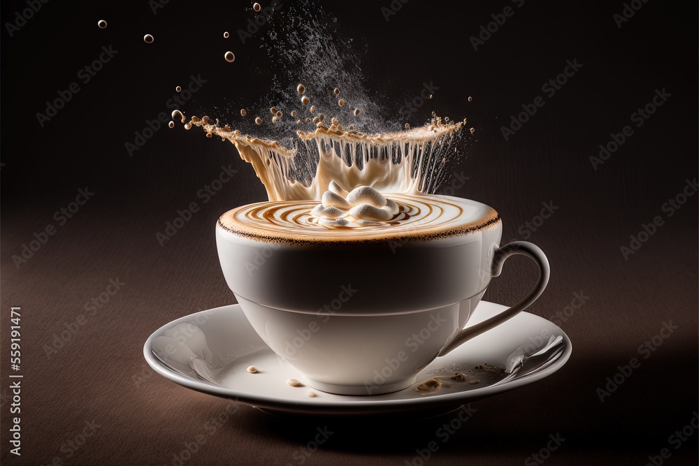Poster a cup of coffee with a splash of liquid on top of it and a spoon in the cup on the saucer on a brown