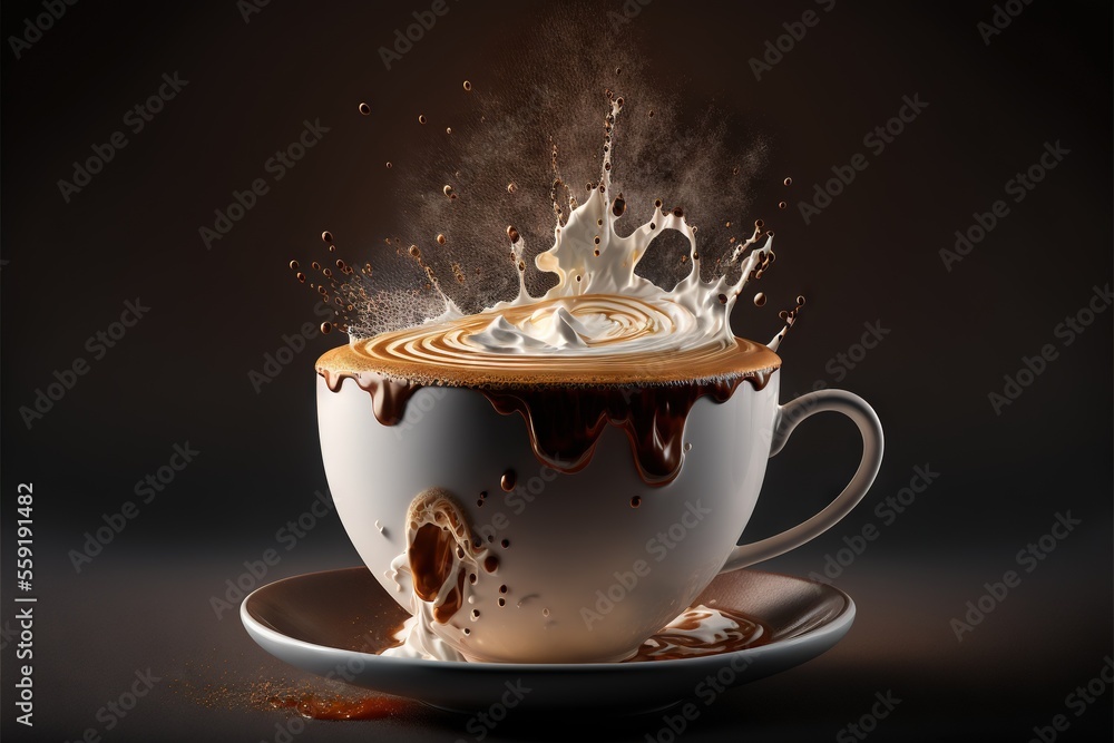 Poster a cup of coffee with a saucer and saucer on a saucer with a splash of chocolate on top of it and a s