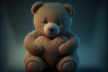 a teddy bear holding a heart shaped object in its paws, sitting on a table, with a blue background behind it, with a spotlight from the top of the bear's head.