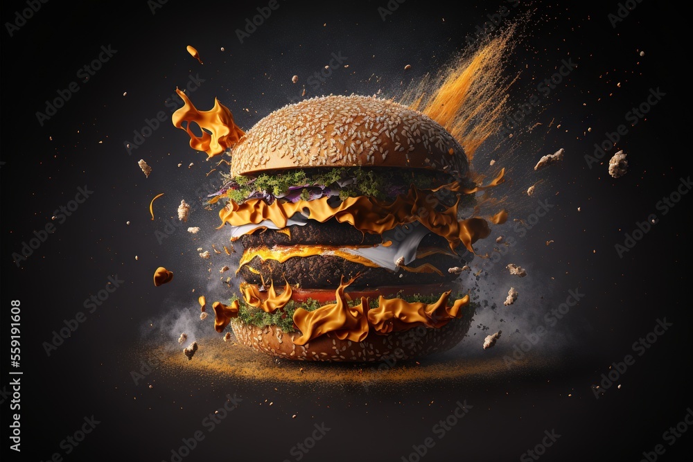 Poster a hamburger with a lot of burn on it's side and a lot of mustard flying around it on a black backgro