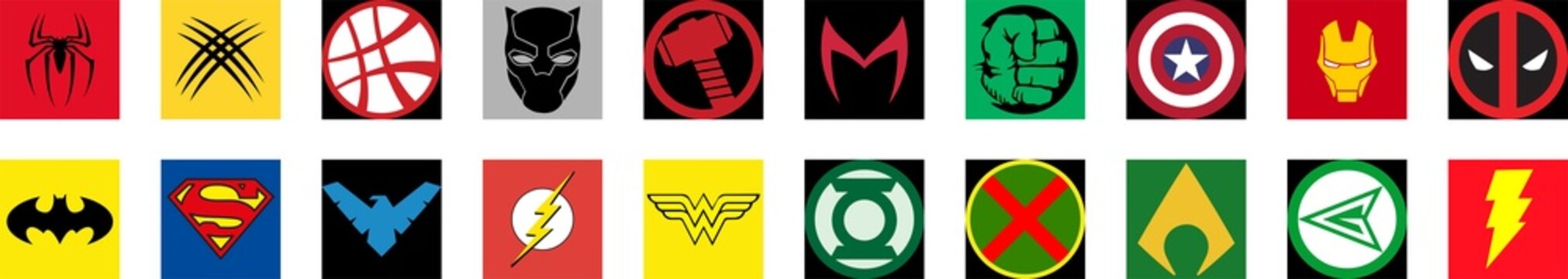Most famous superheroes DC and Marvel. Batman, Superman, Nightwing, Flash, Spider-Man, Deadpool, Hulk, others. PNG image