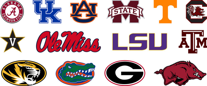 SEC teams logos set. Alabama Crimson Tide, Arkansas Razorbacks, Auburn Tigers, Florida Gators. PNG image