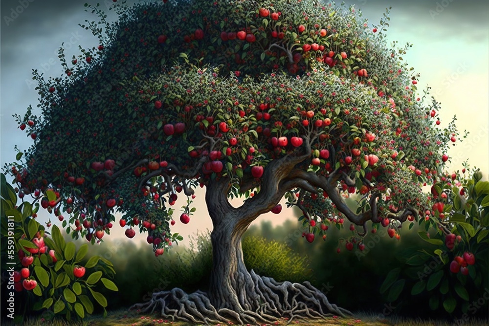 Poster a painting of a tree with apples on it's branches and roots in the ground, with a sky background and